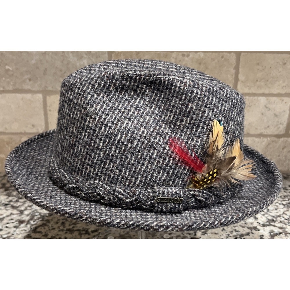 STETSON Gray Wool Tweed Fedora Hat With‎ Braided Trim And Feather L?